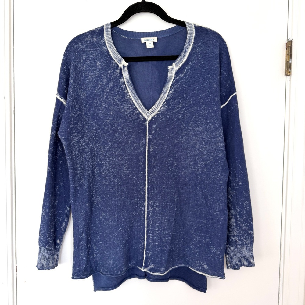 Sundance 100% Cotton Distressed Wash Sweater XS Blue Exposed Seam Boho